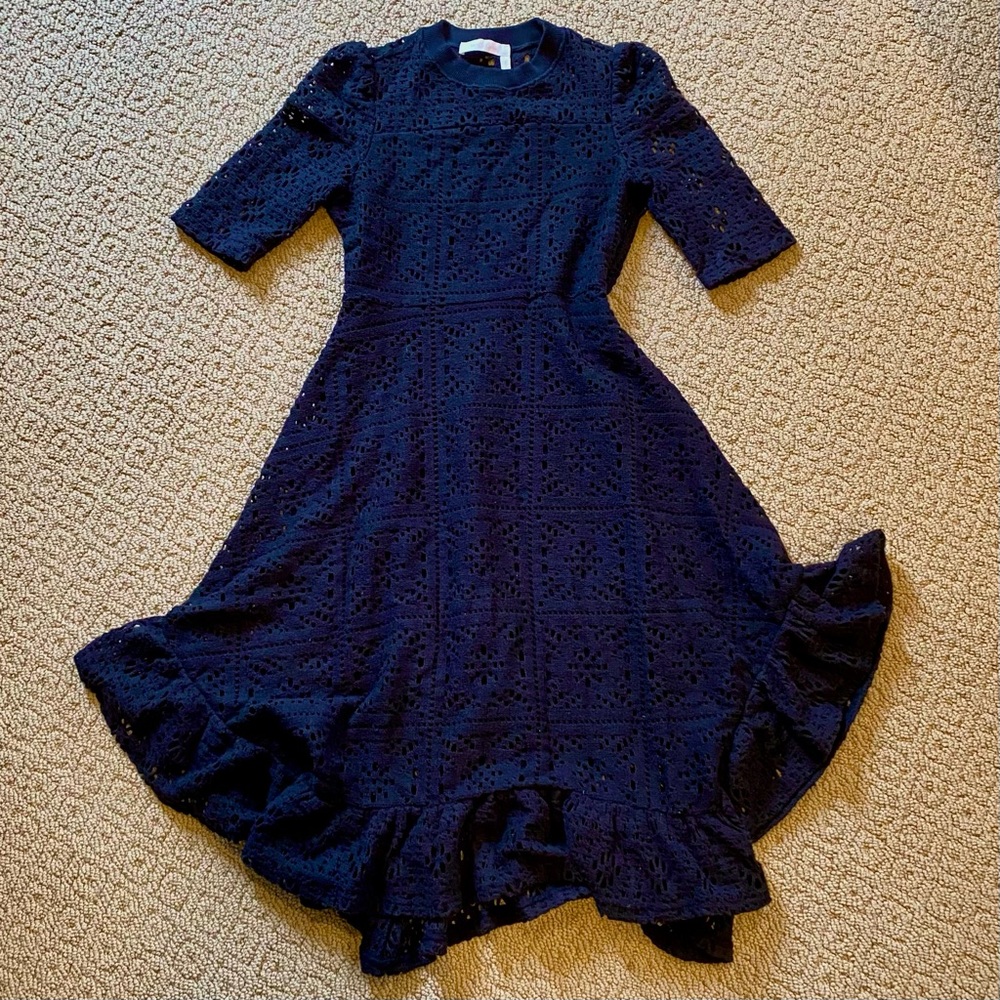 SeeByChloe stunning crochet-like,flatknit, black,soft, fit&flare dress, perfect